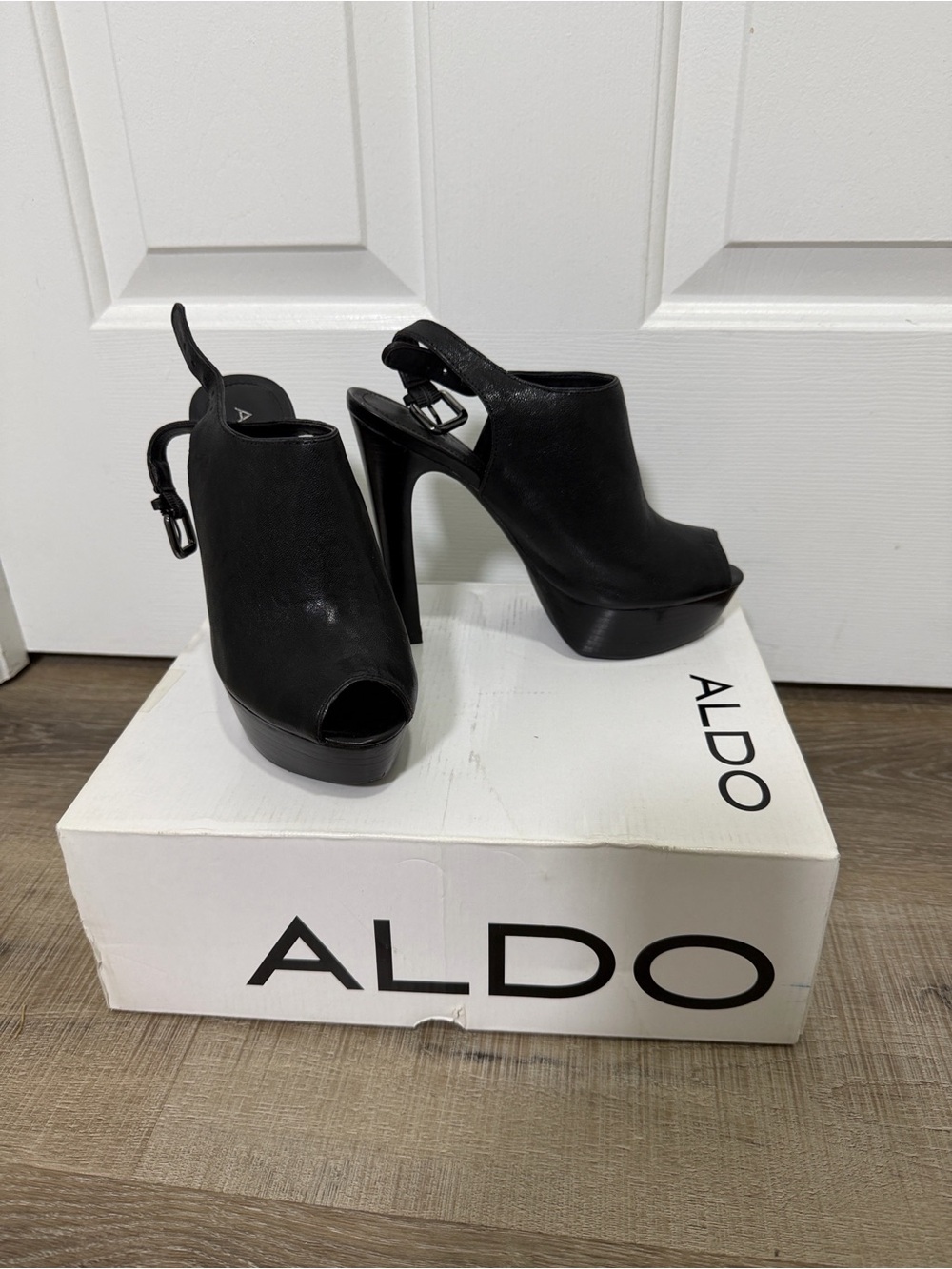 Aldo Black Peep-Toe Platform Slingback Heels